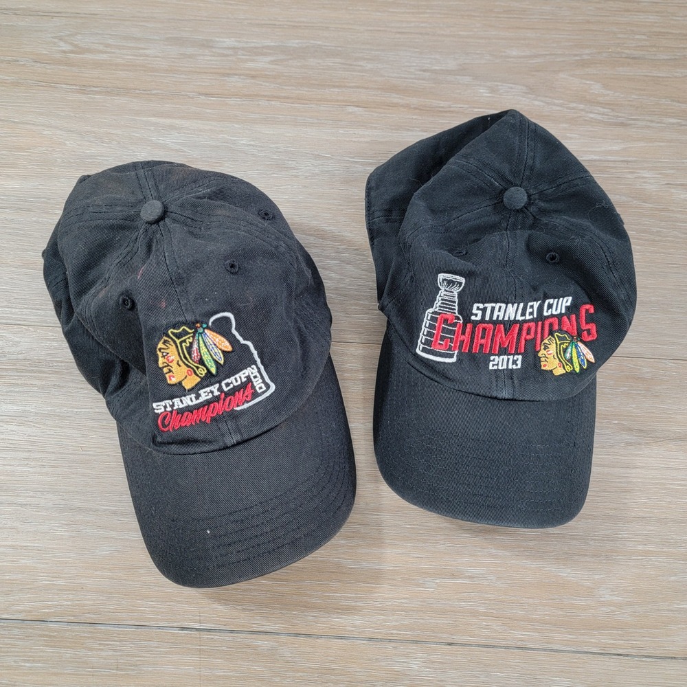 Chicago Blackhawks 2010 & 2013 Stanley Cup Champions Hats 47 Brand Sz Med Fitted